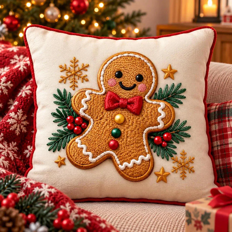 Amostra de gingerbread bordado em almofada